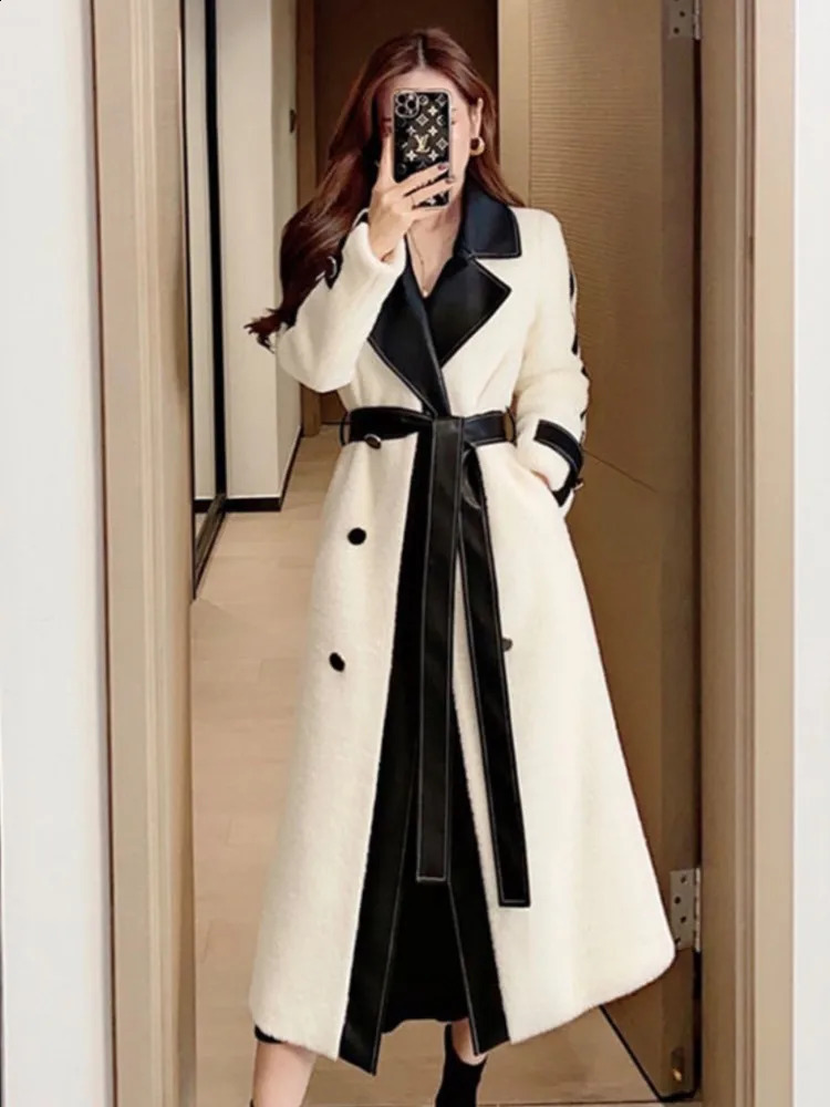 Autumn Winter High-end Fashion Temperament Contrast Color Patchwork Mid-length Overcoat with Belt Women Plush Woolen Jacket 240820