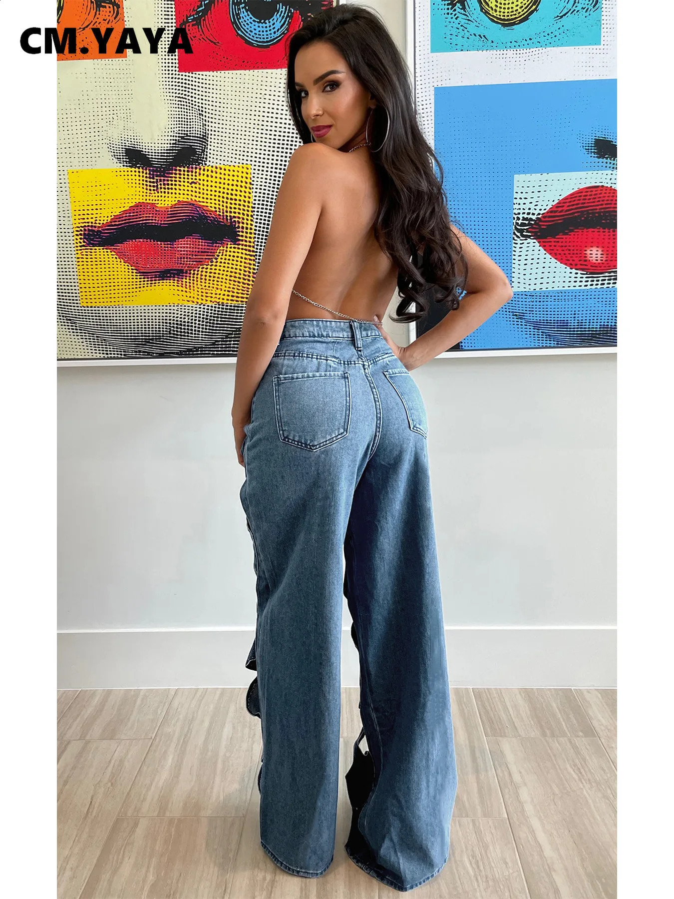CM.YAYA Women Vintage Cutout Hollow Out Criss Cross Straight Denim Pants 2024 Fashion INS High Waist Wide Leg Jeans Trousers 240815