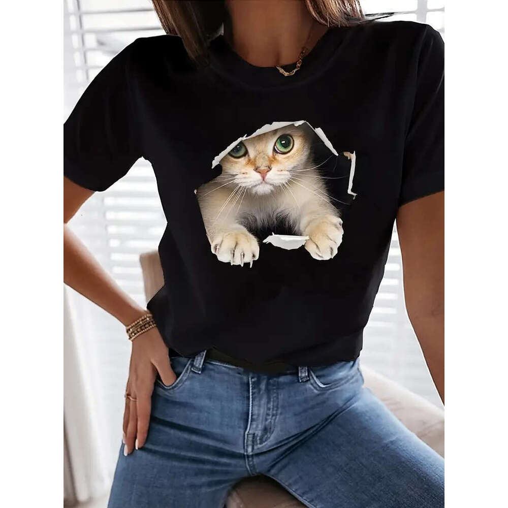 Cat Cute Print Crew Neck T-Shirt, Casual Short Sleeve T-Shirt For Spring & Summer, Women's Clothing