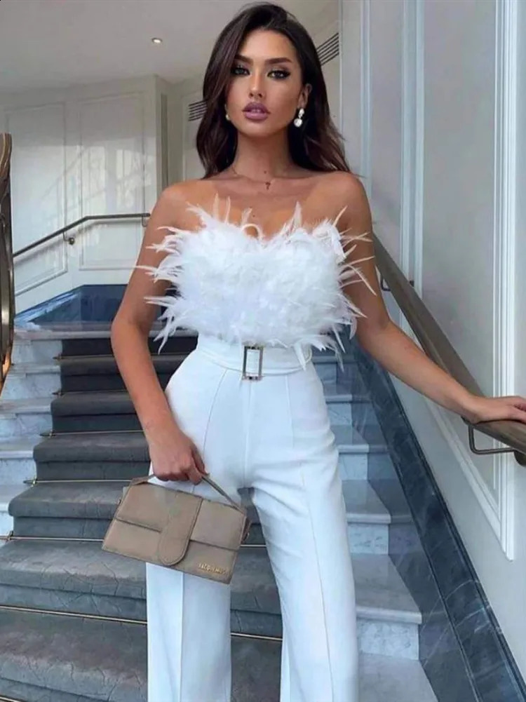 hirigin Women Elegant Long Jumpsuit Strapless Slash Neck Feather Tube Top Sexy Fashion Party Night Evening Jumpsuit Summer 240820