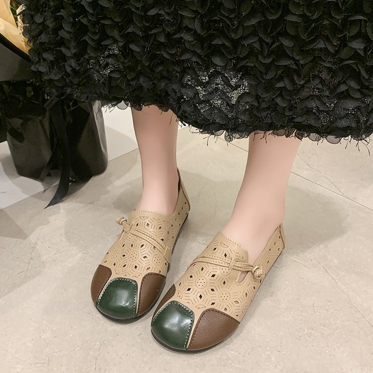 Ddmysports Spring Summer New Ethnic Style Ollow Bean Leather Soft Bottom Casual One Step Comfortable Flat Shoes OUTDOOR