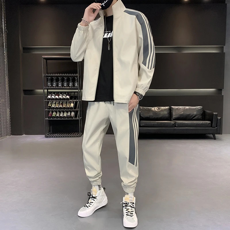 Spring And Autumn Mens Loose Cardigan Striped Top Casual Loose Drawstring Pants Outdoor Running Sports Mens Clothing 240821