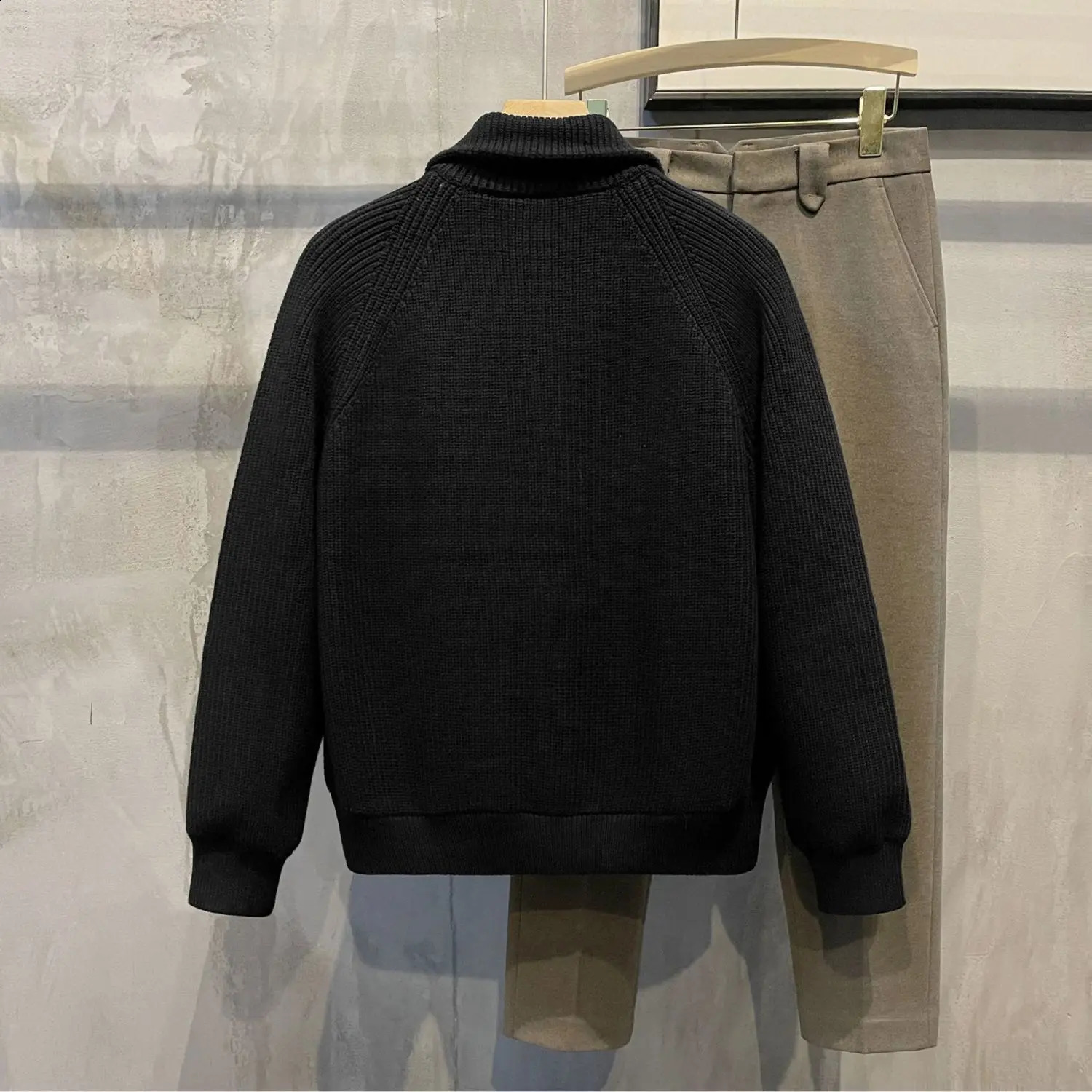 Man Clothes Black Collared Jacket Cardigan Knitted Sweaters for Men Zipper Coat Zip-up Large Big Size Old Korean Style Overfit S 240821