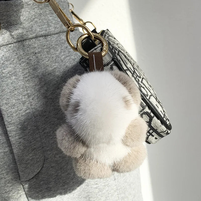 Womens bag charm Trinkett car metal keychain rearview mirror decoration cute real mink plush panda pendant childrens toy 240820