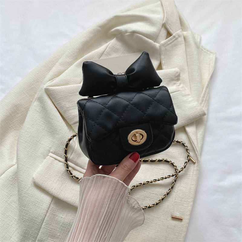New children's with bow, coin purse, embroidered thread, small fragrant style, diamond grid bag, stylish girl's chain crossbody bag F15.2-08