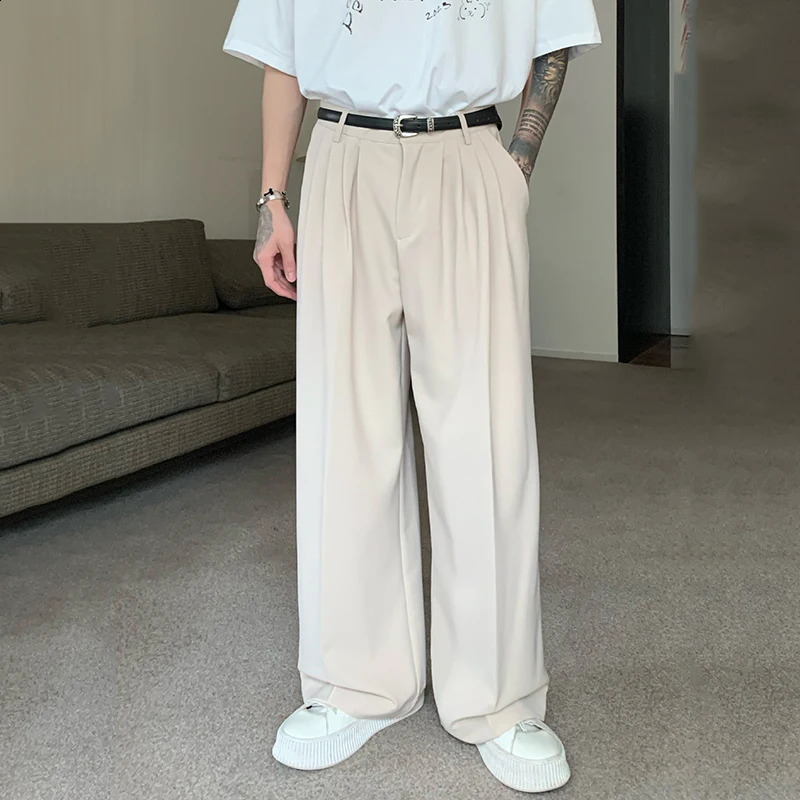 IEFB Korean Style Chic Drape Straight Suit Pants Men Loose Simple Solid Color Wide Leg Casual Floor Mop Trousers Autumn 9C6900 240820