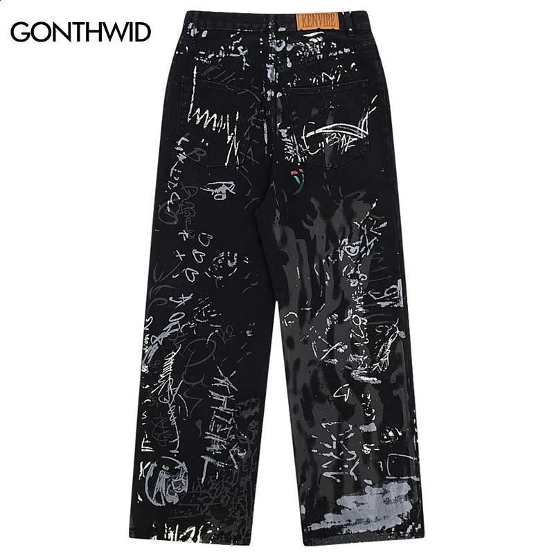 Hip Hop Black Jeans Y2K Men Graffiti Print Straight Wide Baggy Loose Denim Pants Streetwear Harajuku Fashion Punk Trousers 240821