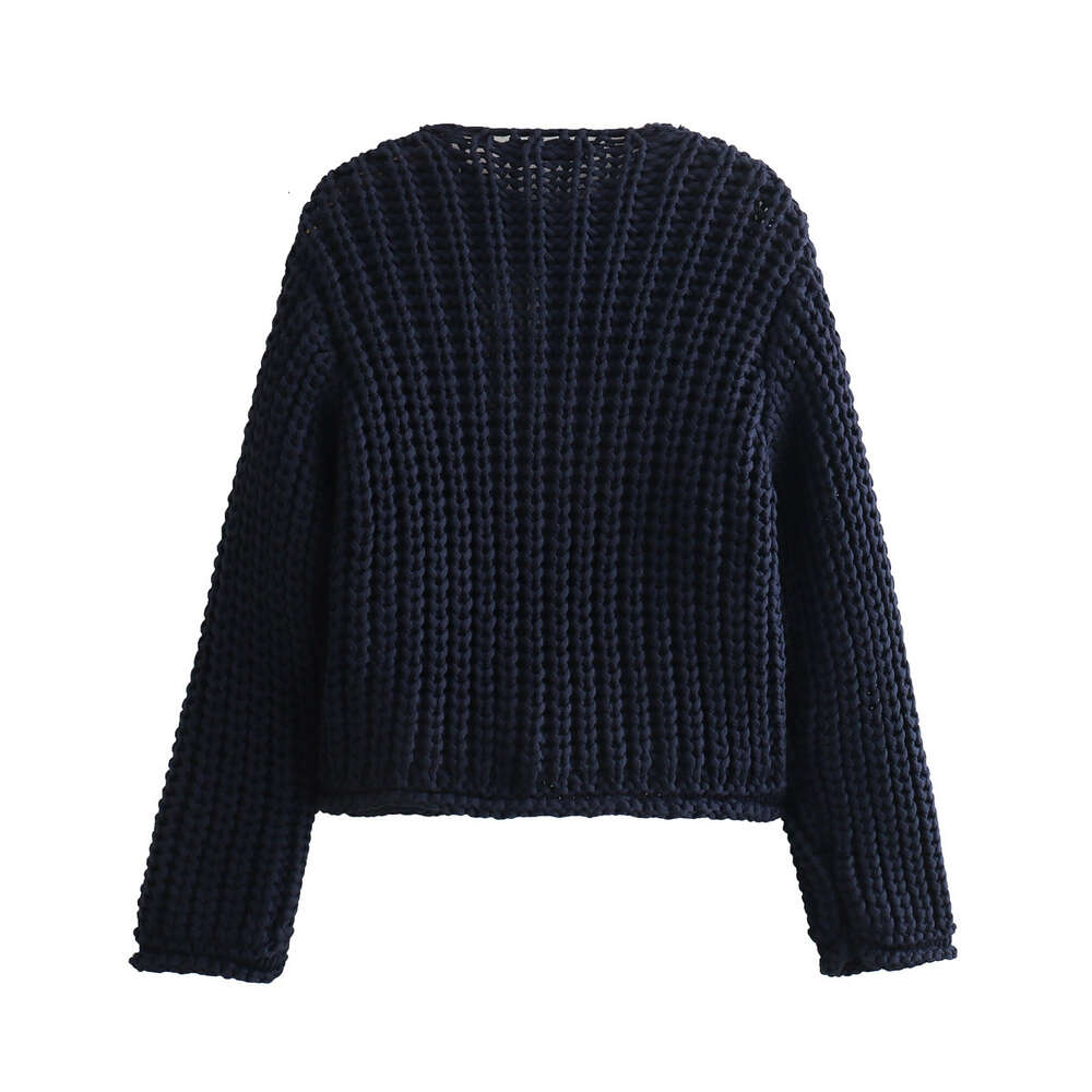 2024 women's solid color single breasted double pocket short coarse knitted sweater jacket B66004