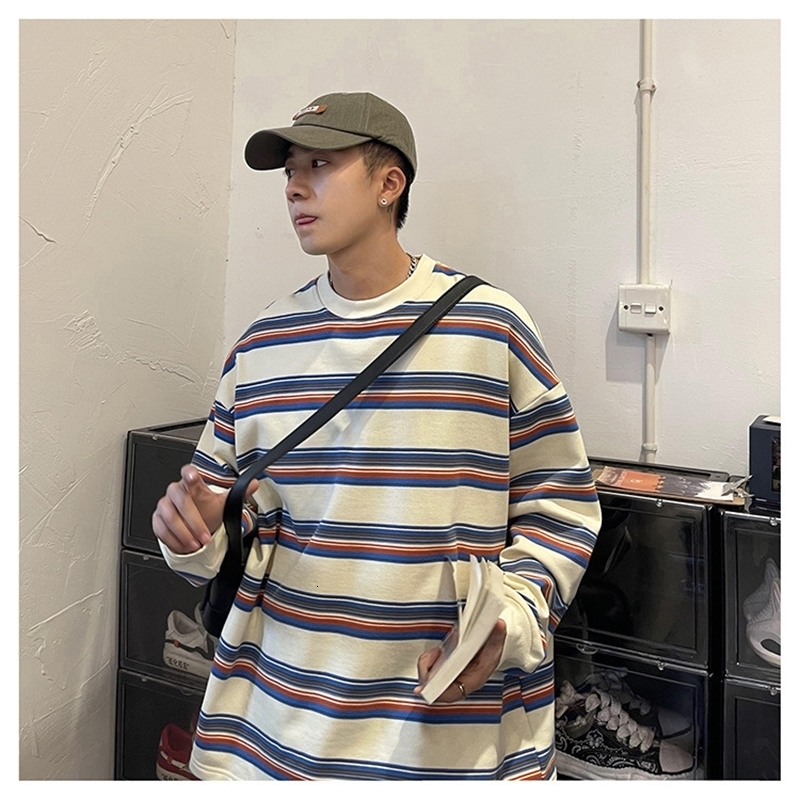 Hong Kong Style Striped T-shirt Loose Round Neck Spring Autumn n Few Lazy Top Men Casual Long Sleeve Shirt 240820