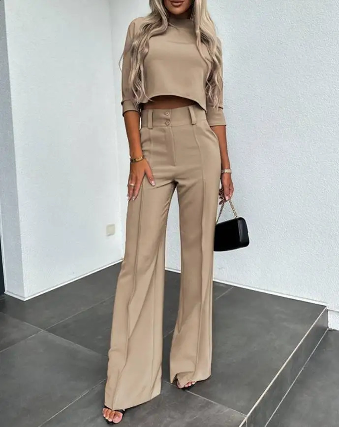 Casual Long Sleeve Shirt Pants Set Office Lady Spring Autumn Fashion Solid O-neck Tops Trousers Two Piece Set Women Outfit 240820