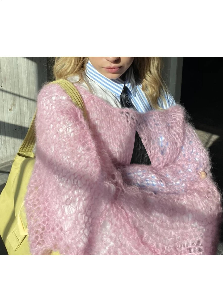 Women Star Pattern Long Sleeve O Neck Casual Hollow Knitted Pullover Top Fashion Oversized Sweater Spring Autumn Y2k Streetwear 240821