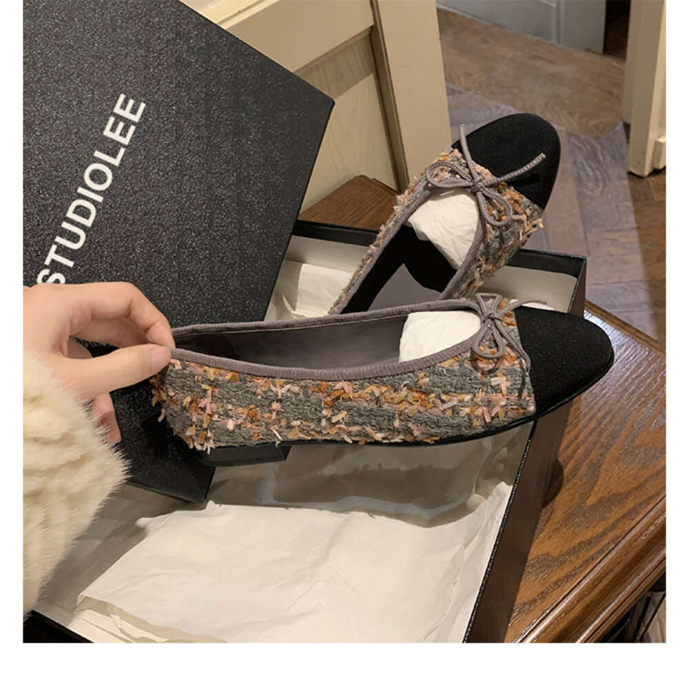 Ddmysports Grape Mom S Same French Evening Breeze Thick Tweed Flat Bottom Igh Eel Bow Single Shoes Women Spring New Style OUTDOOR