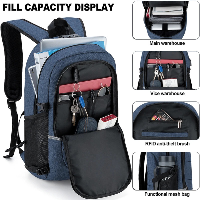 Fashionable multi pocket neutral backpack waterproof antitheft 14 inch computer USB and headphone reserved ports 240820