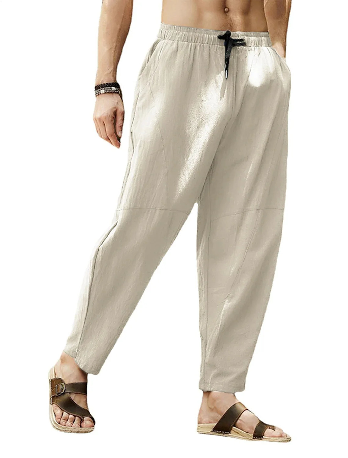 7 Color Options M-5XL Oversized Loose Pants Men Drawstring Pocket Wide Leg Pocket Cotton Linen Hip Hop Harem Trousers 240821