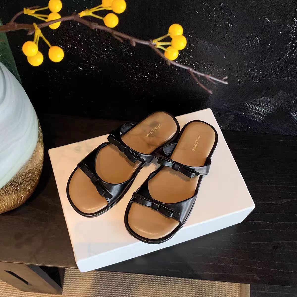 Ddmysports Grape Mom S Same Fri Oliday Age Reducing Butterfly Knot Open Toe Beach Versatile Casual Style Slippers Women Genuine Leather OUTDOOR