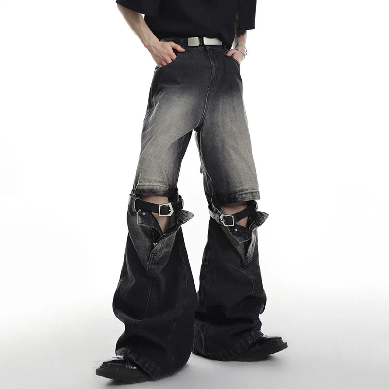 FEWQ Vintage Men Spliced Micro Flared Jeans American Style High Street Wide Leg Straight Denim Pants Summer Clothing 9A8932 240821