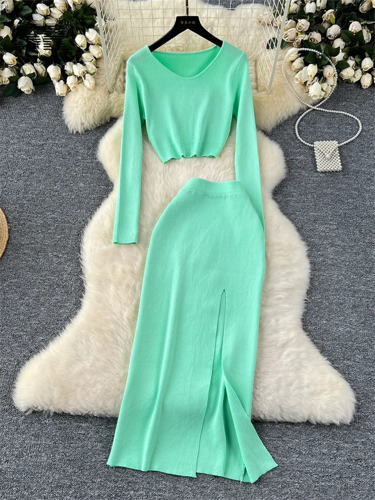 SINGREINY Autumn Skinny Knitted Sets Short TopsSlim Long Split Skirt Women Korean Style Sweater Fashion Two Pieces Suits 240820