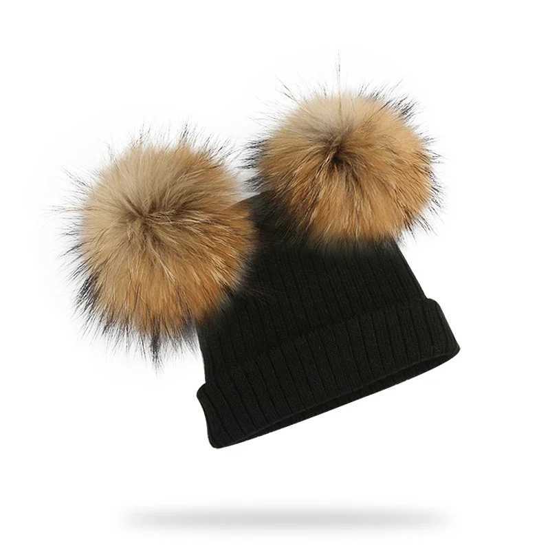 Winter Kids Natural Raccoon Fur Double Pompon Hat And Scarf For Girls Baby Cap With Genuine Pompom Childrens Accessories Bonnet M240821