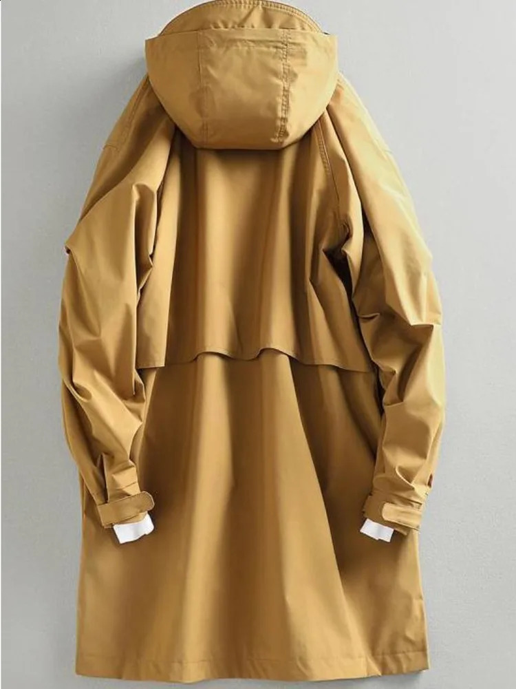 Chic Solid Long Trench Coat Jacket Men Cotton Autumn Spring Windbreaker Mid Length Hooded Jacket High-end Casual Outerwear 240820