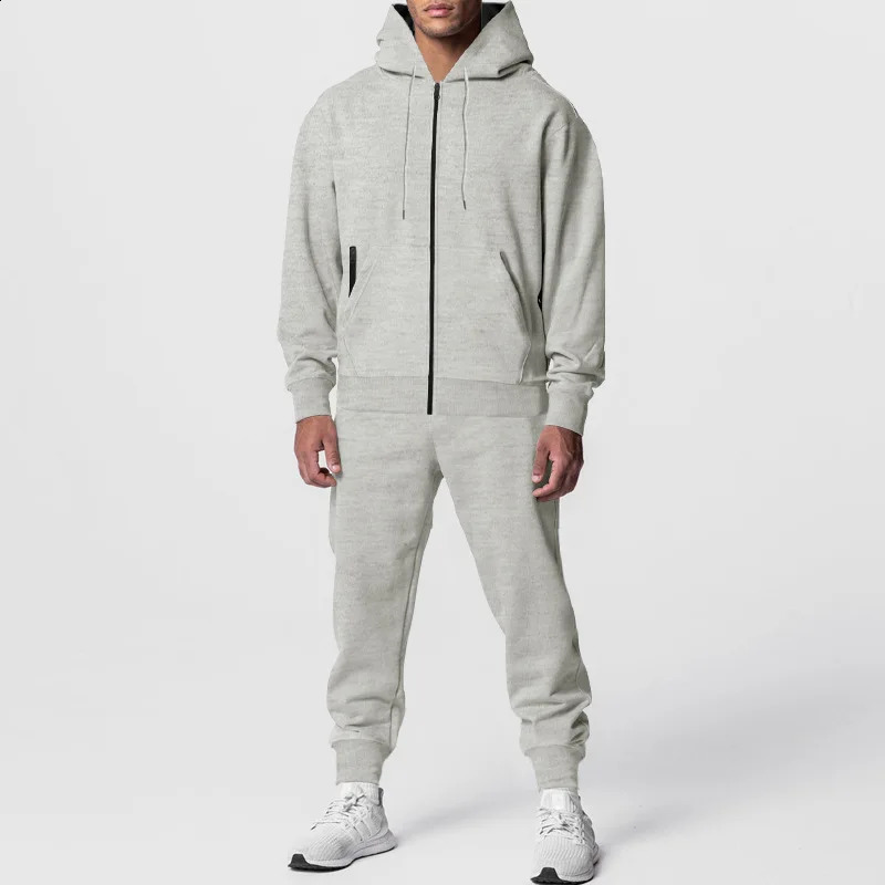 Cross border autumn and winter mens solid color long sleeved mens hooded sports and leisure wool warm suit 240827