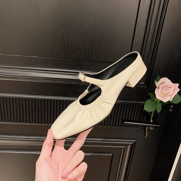 Ddmysports Grape Mama S Same Style Muse Girl French Square Eaded Folded One Foot Pedal Water Diamond Buckle Belt Muller Genuine Leather Alf Slippers O