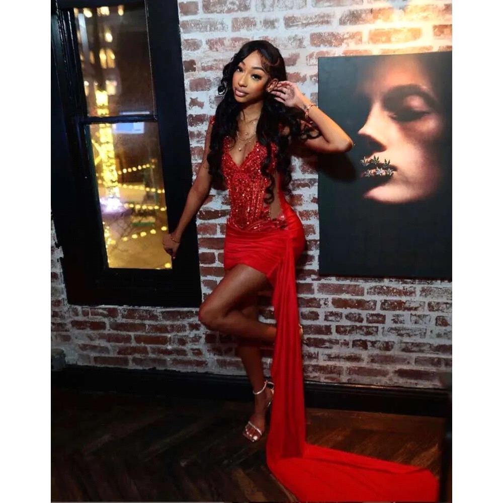 Red Sparkly Short Prom Homecoming Dresses with Side Train Diamond Crystal Birthday Party Gown vestidos de gala mujer BC19394 1025