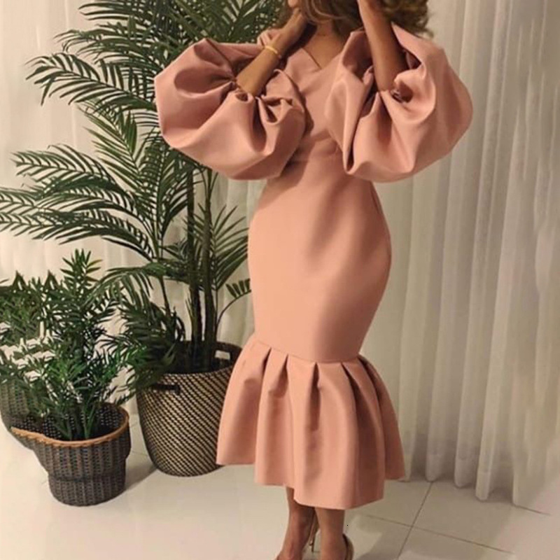 Plus size casual elegant womens fashionable solid color Vneck bubble long sleeved fishtail dress party evening 240820