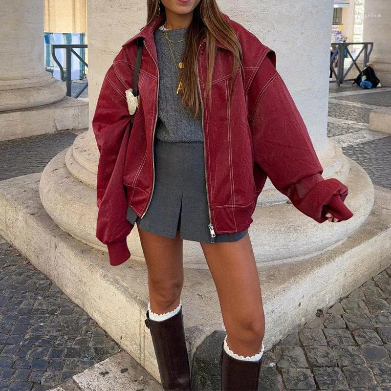 Women's Jackets Vintage Zipper Contrast Stitch Jacket For Women Fashion Lapel Long Sleeve Coats 2024 Autumn Retro Lady High Street Outerwear