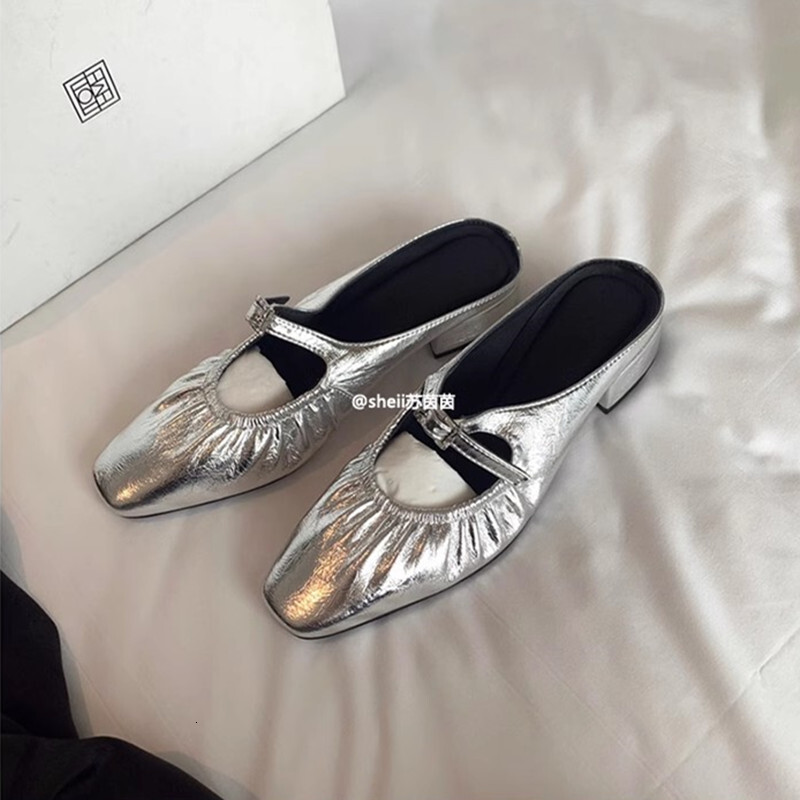 Ddmysports Su Yinyin S New Summer Square Head Calf Leather Pleated Bun Toe Thick Heel Slippers Women Semi Trailer For External Wear OUTDOOR