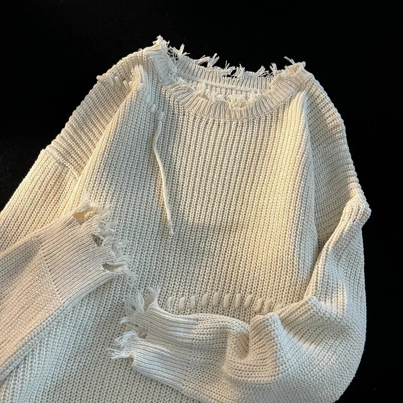 Fashion Niche Knitted Sweaters Autumn Winter Ripped O-neck Causal Loose High Street Knitted Sweater Men Pullovers Male Clothes 240821