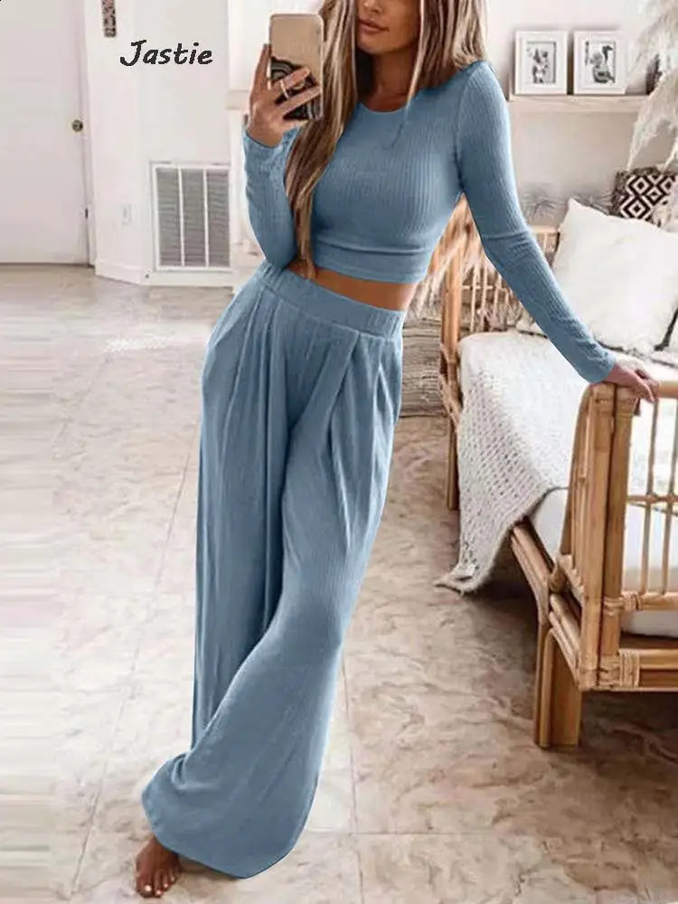 Autumn Solid Two Pieces Suits Women Slim Knit Sweater With Loose Wide-leg Pants Sets Casual Simple Elastic Waist Trousers Suits 240820