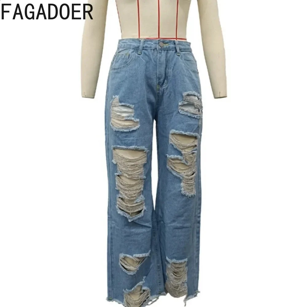 FAGADOER Fashion Hole Straight Jeans Pants Women High Waist Button Pocket Loose Denim Trousers Blue Casual Female Cowboy Bottoms 240821