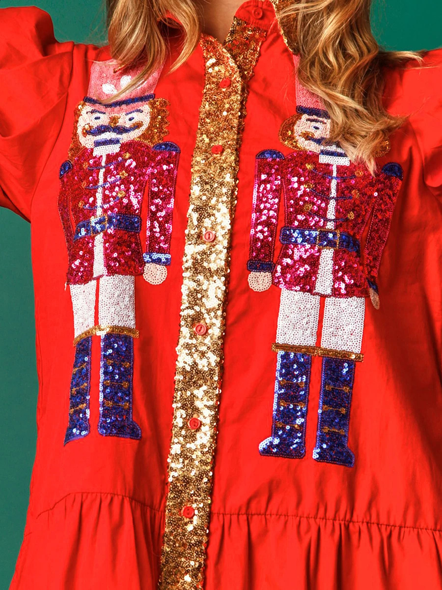 Women Sequin Christmas Nutcracker Shirt Dress Holiday Party Santa Sweatshirt Dresses Long Sleeve Tiered Mini Sundress for Prom 240821