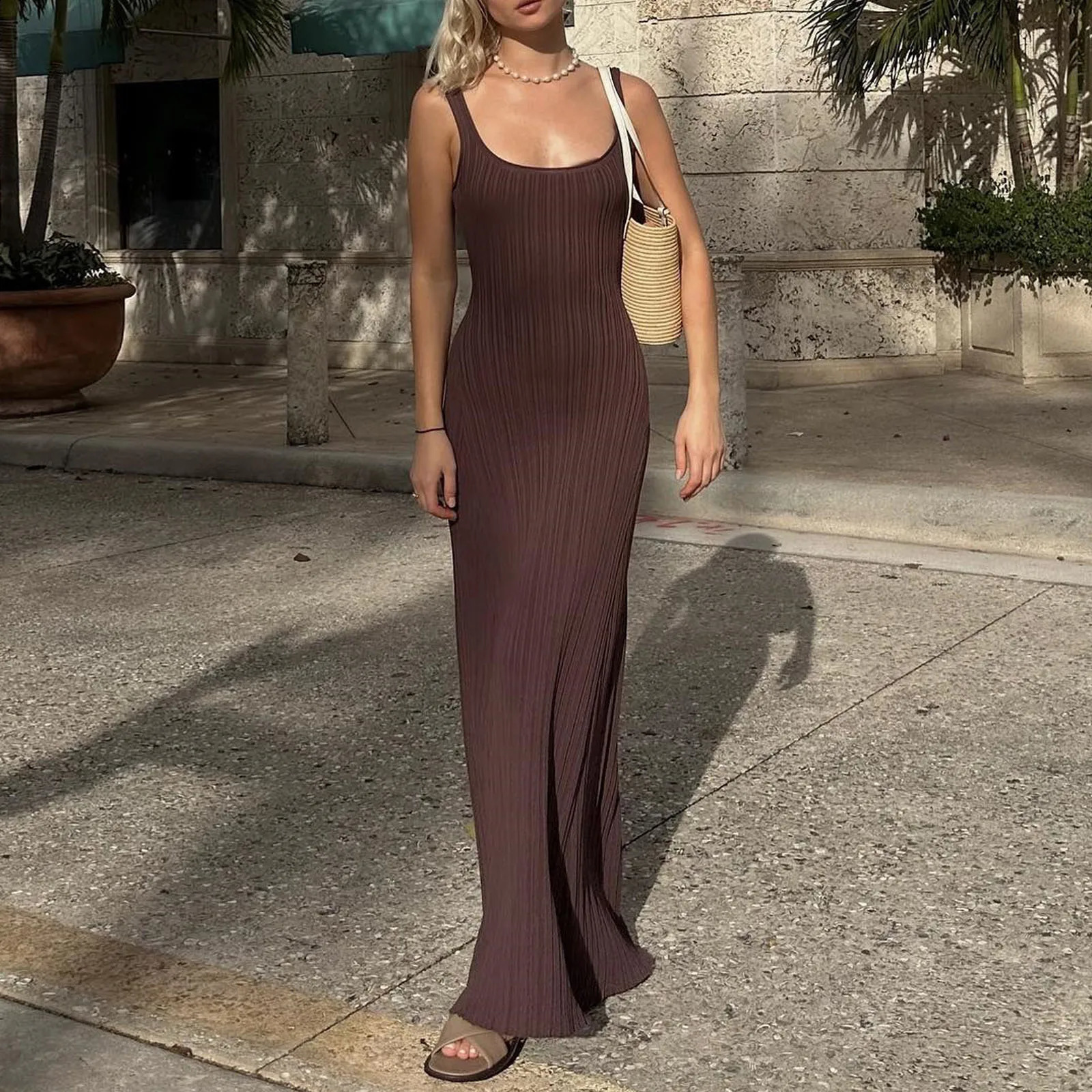 Hirigin Summer Knit Sleeveless Dress for Women V Neck Midi Bodycon Sweater Dress Casual Cut Out Front Tank Dress 2024 Trends 240821