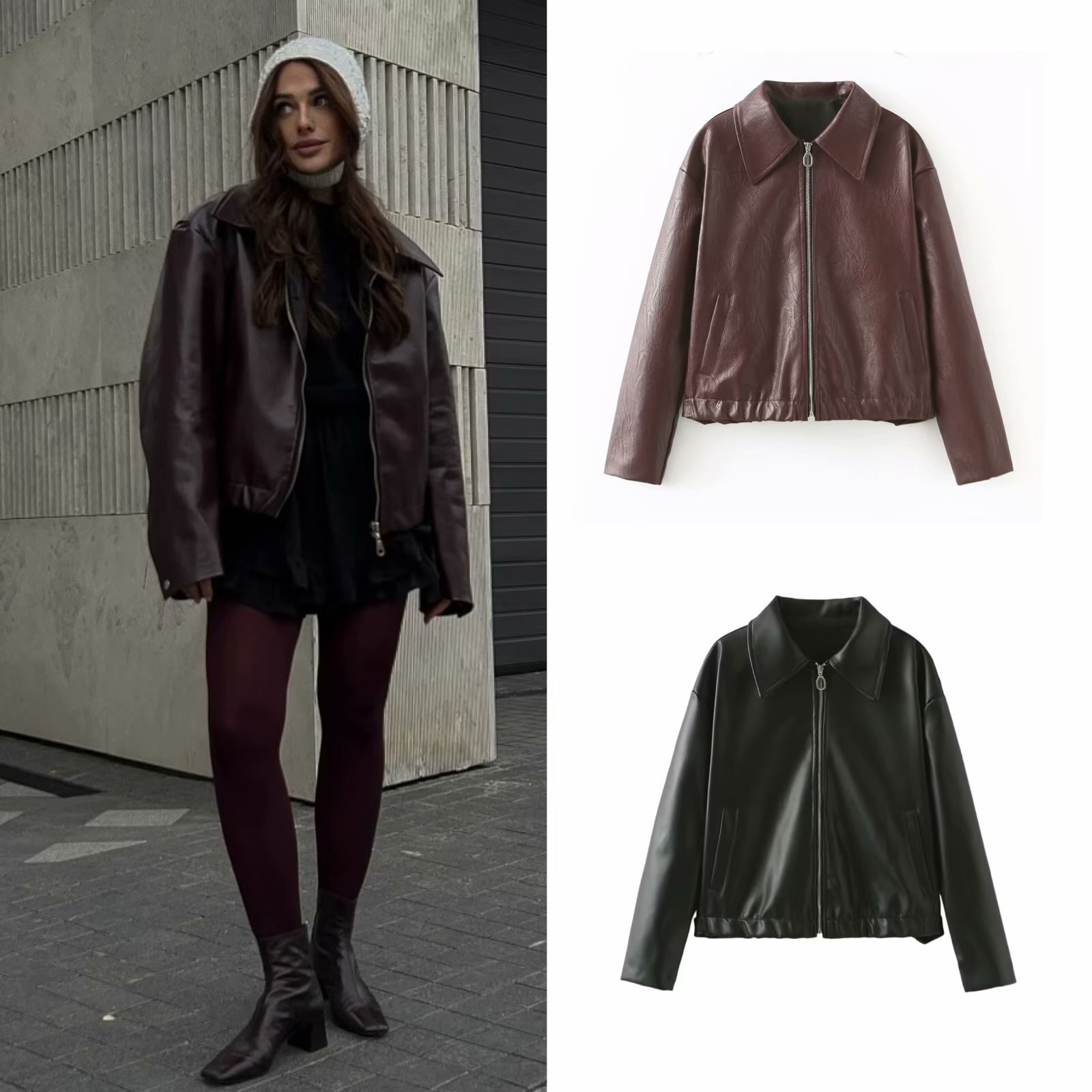 23218 lapel zipper American casual leather jacket, women's coat