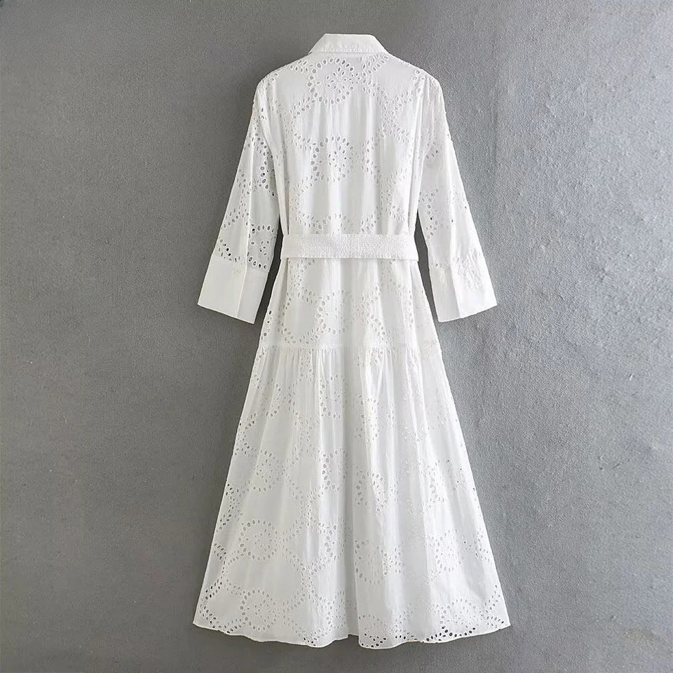 DUOPERI Women Fashion White Cotton Embroidery Midi Shirt Dress Long Sleeves High Waist With Sashes Female Chic Lady Long Dress 240821