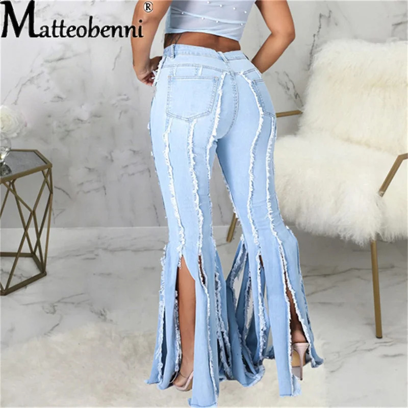 Women Flare High Waist Fringe Hole Denim Skinny Pants Ladies Stretch Female Wide Leg Jeans Bell Bottoms Clothes Z260313