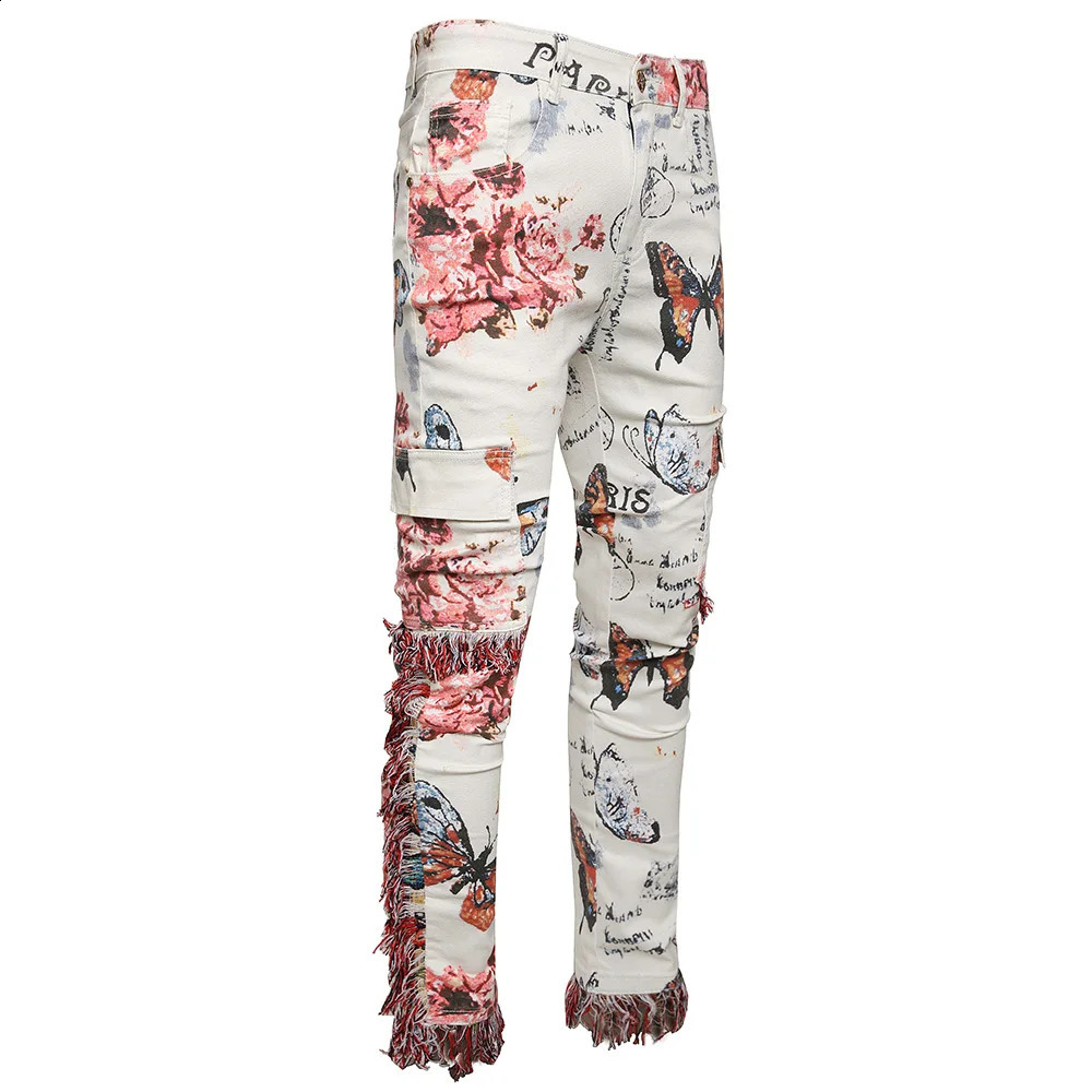 Men Butterfly Flower Print Jeans Tassels Fringe Rose Slim Straight Pants Beige White Muliti Pockets Cargo Trousers 240821