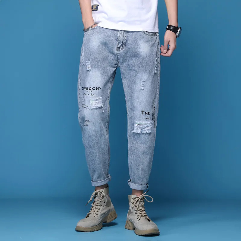 Ripped Jeans Mens Summer Thin Trendy Retro Washed Distressed Loose Elastic Versatile Light Blue Denim Pants 240821