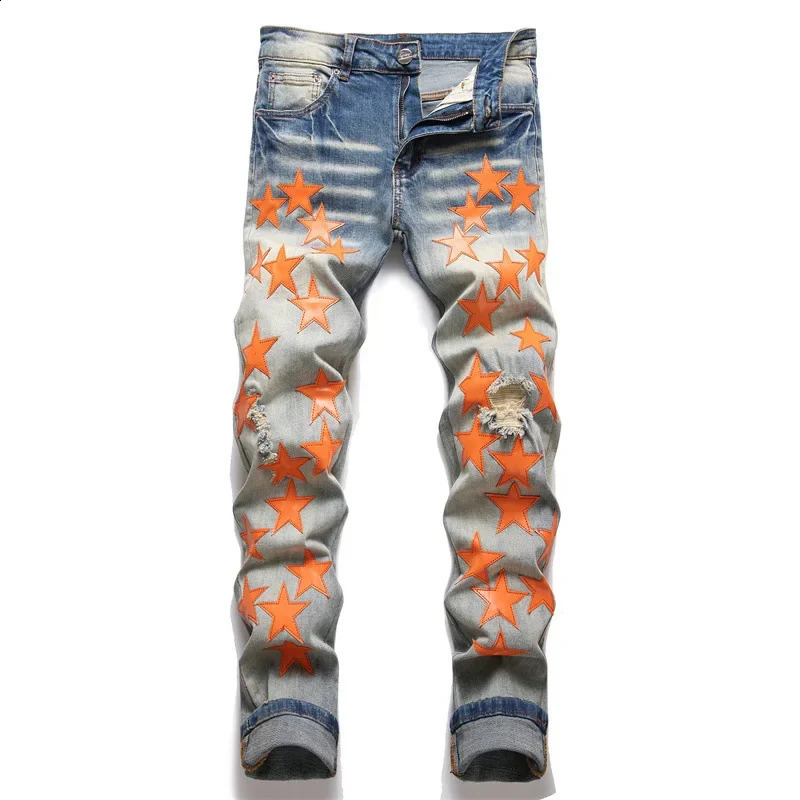 Vintage Punk Slim Fit Denim Jeans Embroidery Star Pattern For Men Casual Style Elastic Waist Breathable 240821