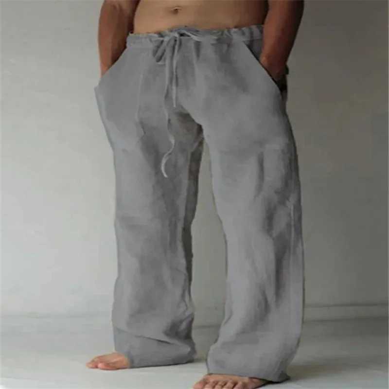 New mens solid color linen pants for autumn breathable solid color linen pants for fitness street wear S-3XLW240725