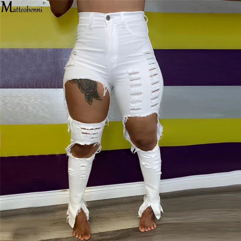 Summer Women Washed Ripped Jeans Fashion Sexy High Waist Skinny Denim Jeans Black Hollow Out Bleached Pencil Pants 240821