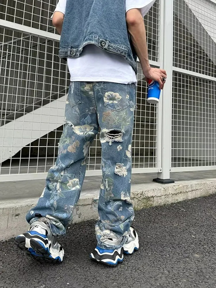 Ropa Y2K Streetwear Flowers Print Ripped Baggy Jeans Pants Men n Clothes Straight Grunge Denim Trousers Pantalon Homme 240821