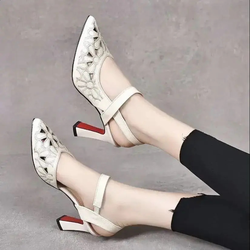 Ladies Shoes Pointed Toe Sandals for Women Block Heel Pumps Footwear Outdoor Red Heeled High Heels Summer 2024 Chunky Thick Sale 240819