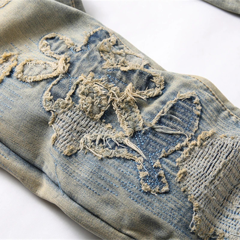 Spring Ripped Patch Jeans Retro Blue Slim Mid-Waist Elastic Mens Cuffed Printed Hip Hop Casual Pants 240821