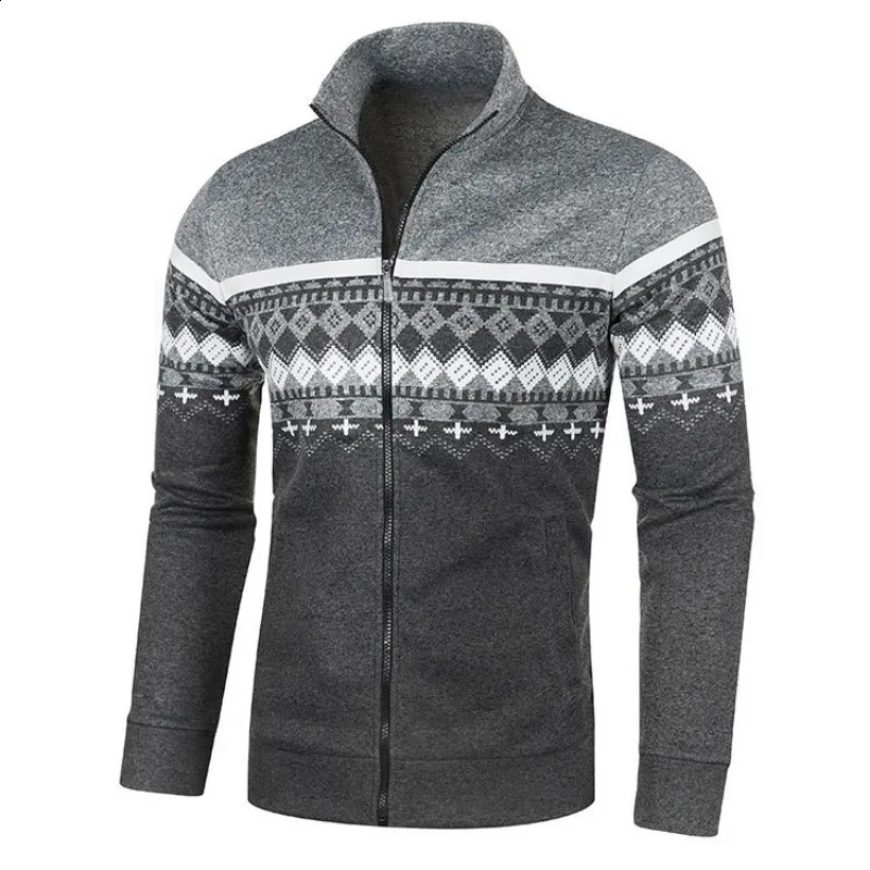 Spring Autumn Mens Knitted Cardigan Jacket Printed Long Sleeve Stand Collar Leisure Slim Zipper Sweater Jacket S-3XL 240821