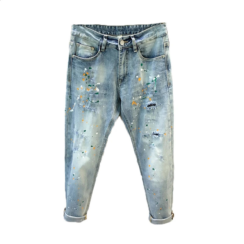 Streetwear Jeans Mens Spray Paint Personality Fashion Slim Elastic Youth Hip-hop Motorcycle Denim Trousers Male Trousers 240821