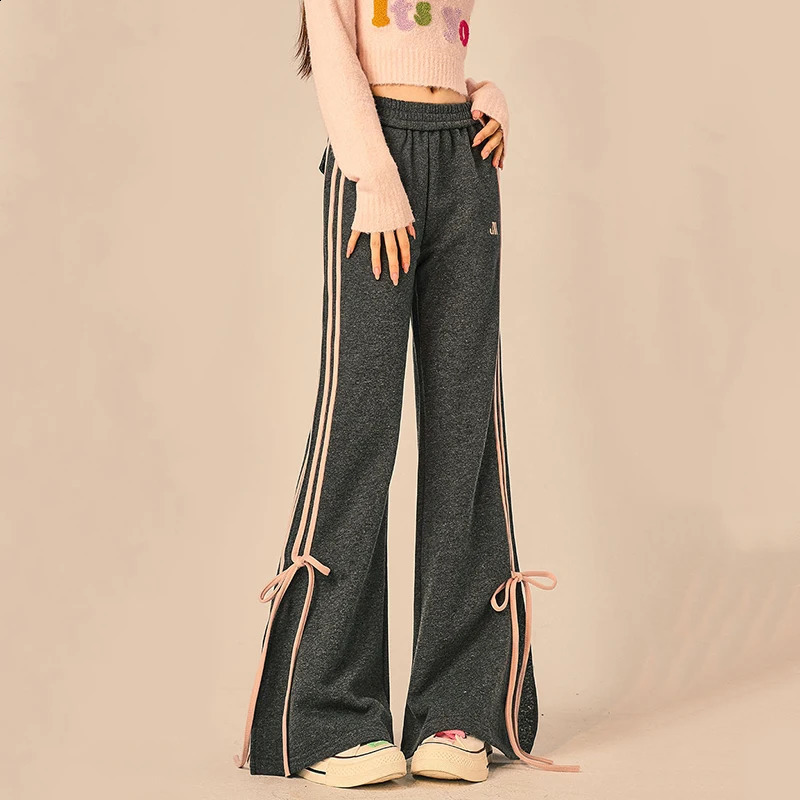 Gidyq Women Bow Casual Pants Fashion Korean Streetwear Stripe Loose Wide Leg Spring All Match Female Straight Trousers 240821