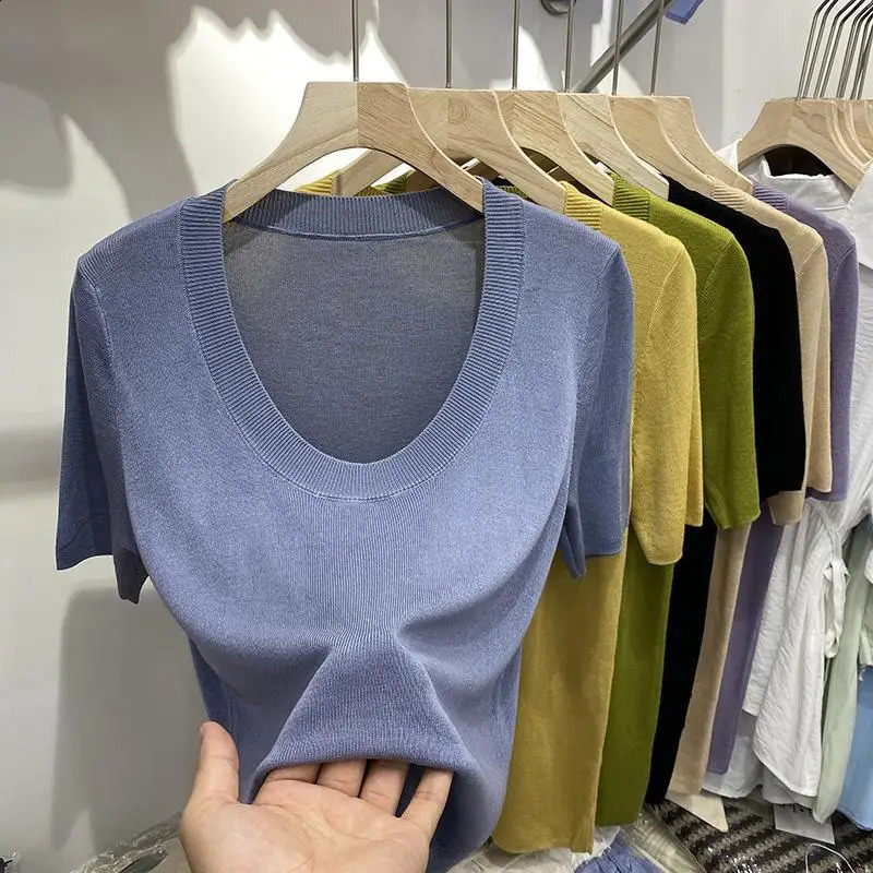 Ice Silk Knitwear U-neck Knitwear Top Womens Summer Soft and Waxy Elastic Slim Scoop Neck Short-sleeved T-shirt Sweater Top 240820