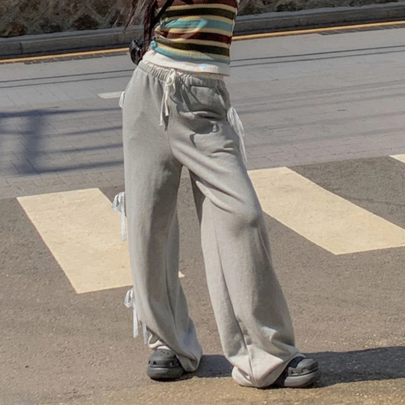 Darlingaga Casual Korean Fashion Autumn Sweatpants Women Lace Spliced TieUp Bow Straight Sweet Trousers Pants Prepyy Style 240821